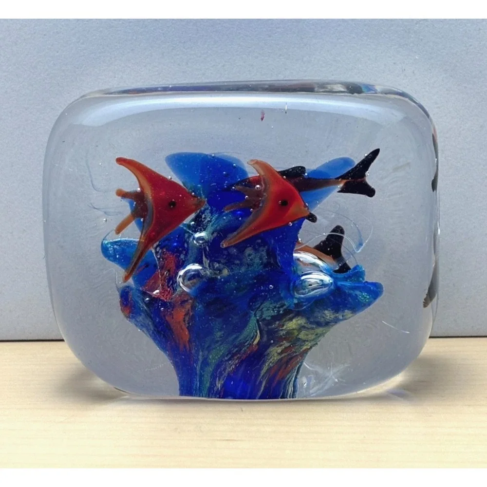 Art Glass Aquarium Fish Paperweight Rectangular Block Fish Blue Multicolor Dec